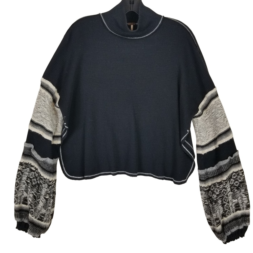 Free People‎ Black Thermal Mock Neck Balloon Sleeve Cropped Sweater XS OB1039823